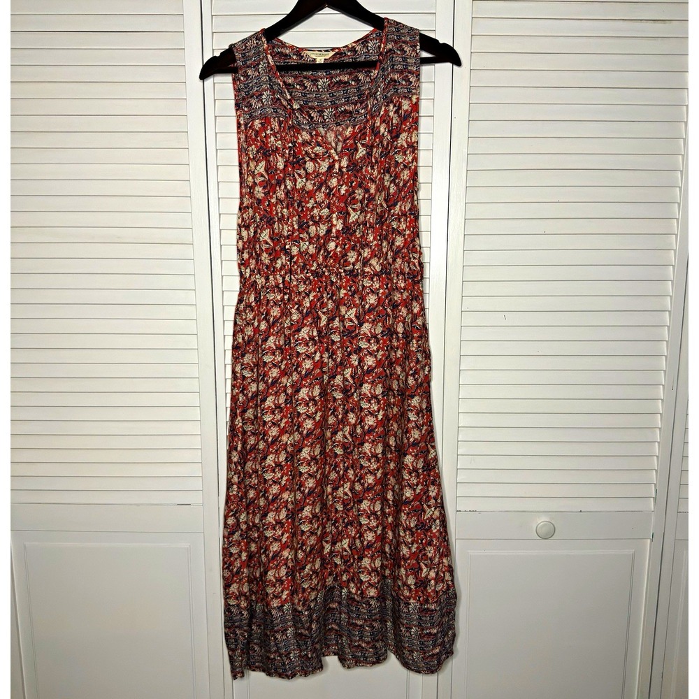 Lucky Brand Womenโs M Floral V-Neck Sleeveless Button Front Maxi Dress Red